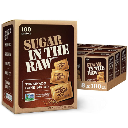 Sugar In The Raw Granulated Turbinado Cane Sugar On The Go Packets, Pure Natural Sweetener, Hot &amp; Cold Drinks, Coffee, Cooking, Baking, Vegan, Gluten-Free, Non-GMO, 100 Count Packets (8-Pack) | Pure, All-Natural Turbinado Sugar, Non-GMO Project Verifi