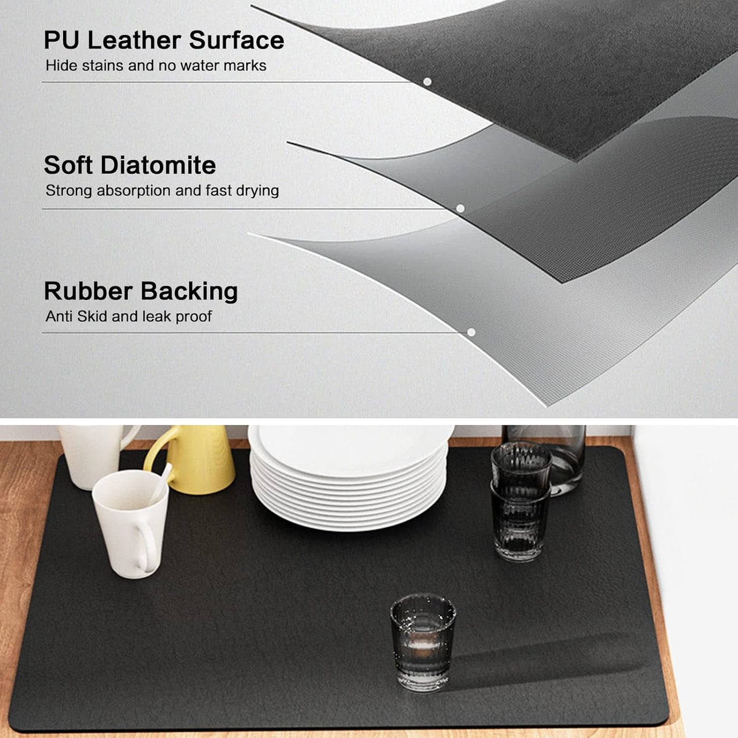 Coffee Mat 16''x24'', Dish Drying Mats for Kitchen Counter Absorbent Hide Stain Bar Mat Coffee Bar Accessories Anti Spill Mats Rubber Backed Fit Under Coffee Maker Espresso Machine Dish Rack (Black)
