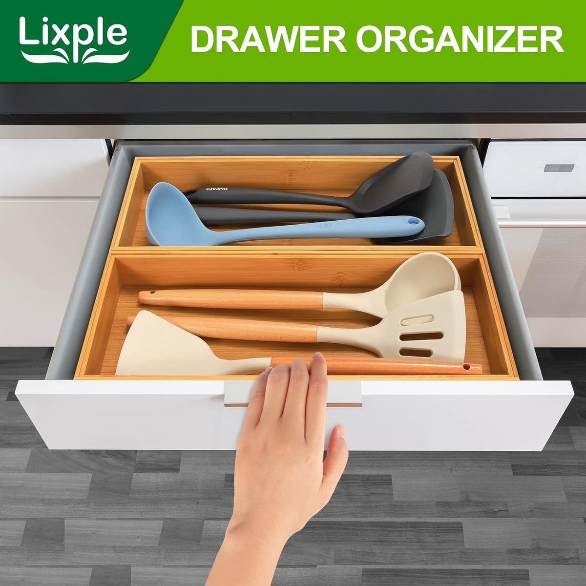 Lixple Bamboo Kitchen Drawer Organizer, 2 Pack, 15" x 6" x 2"