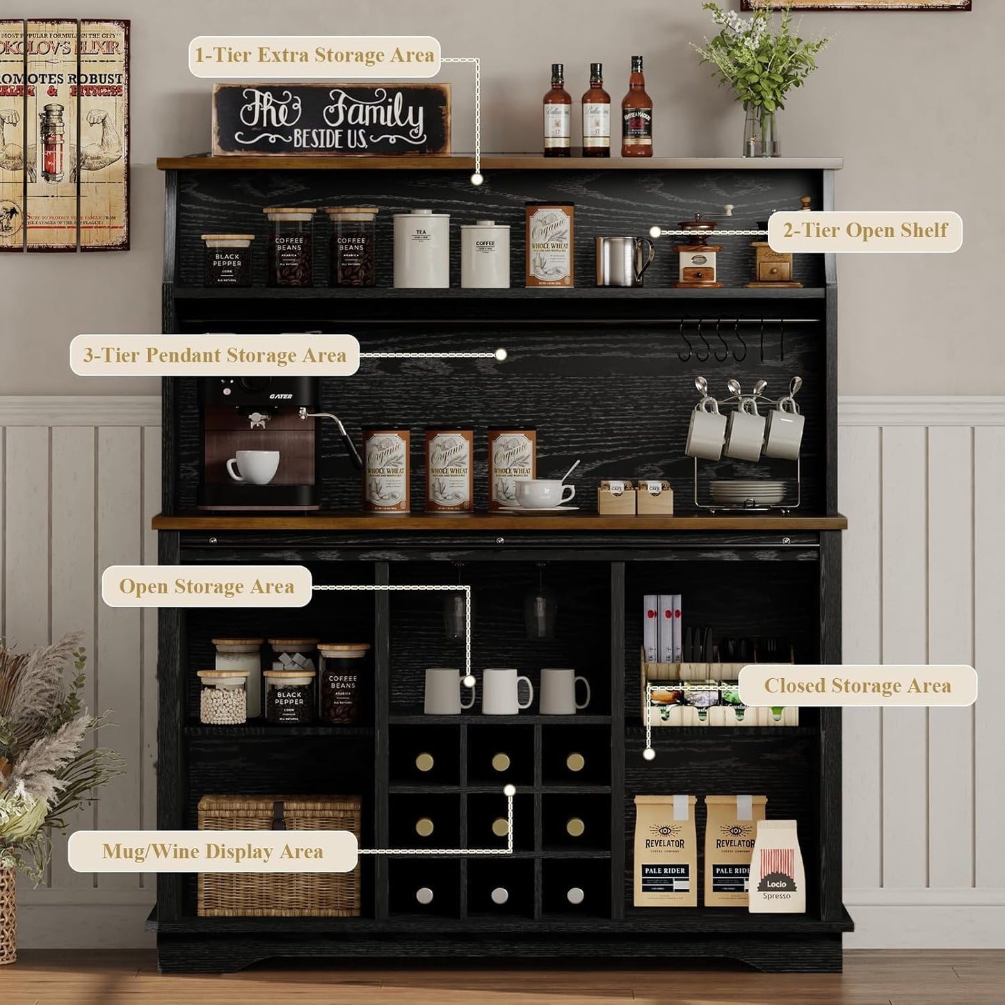 47 Inch Farmhouse Coffee Bar Cabinet with 3-Tier Storage, Coffee Bar Hutch with 9 Wine Racks, 3 Glass Holders, 6 Hooks, Kitchen Hutch for Dining Living Room, Black