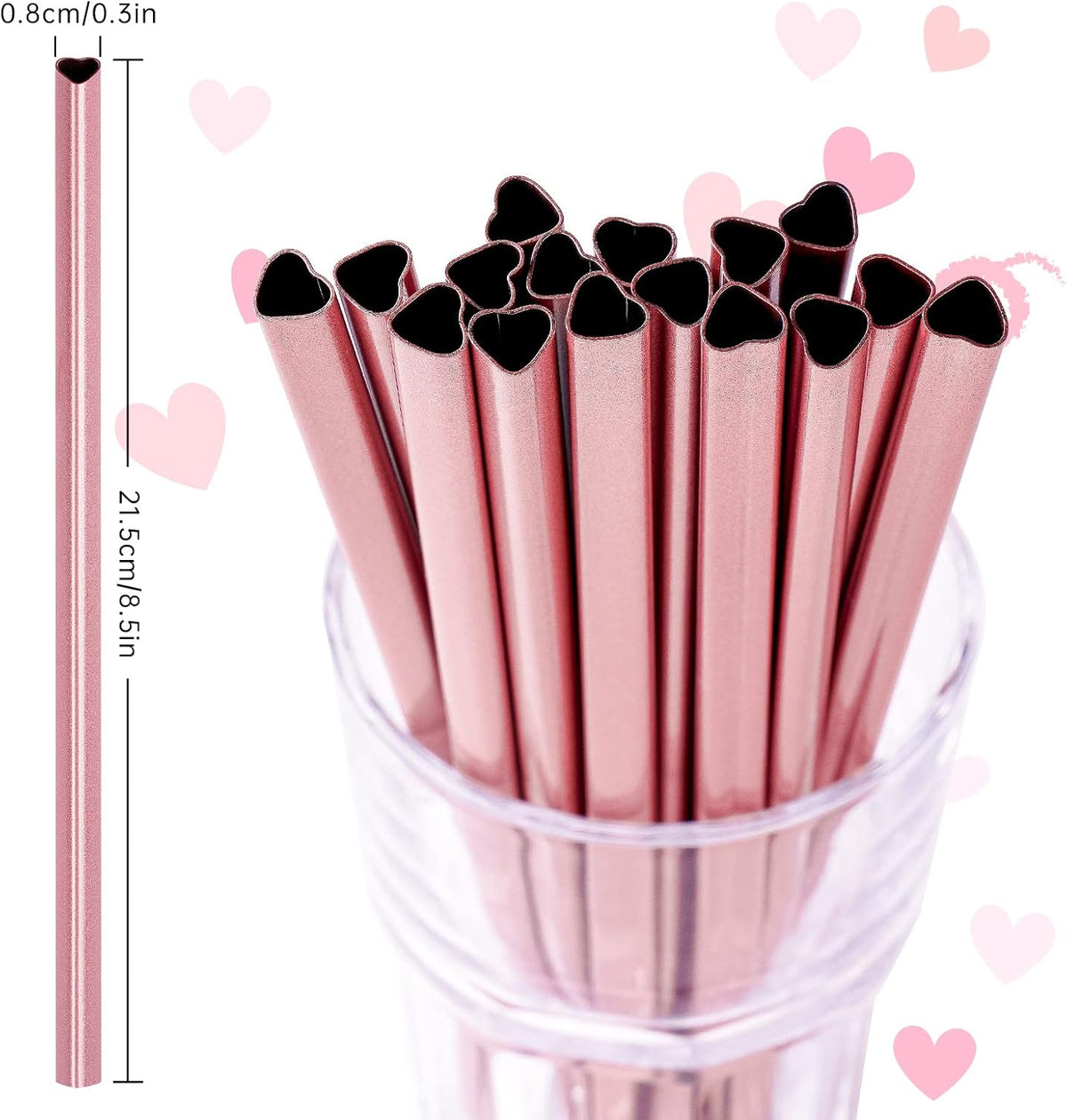 NiHome 8.5” Heart-Shaped Stainless Steel Straws Fit for Smoothie, Cocktails | 16-Pack Metal Straws with 2 Brushes for Holiday, Valentine’s Day, Reusable Drinking for Smoothie Milkshake (Pearl Pink)