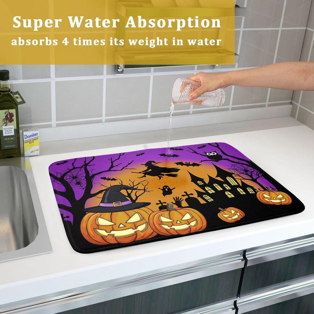 Happy Halloween Pumpkin Dish Drying Mat for Kitchen Counter,Witch Ghost Castle Bat Purple Drying Mat 18 x 24 Inch with High Absorbent Microfiber Drainer Mat for Coffee Bar