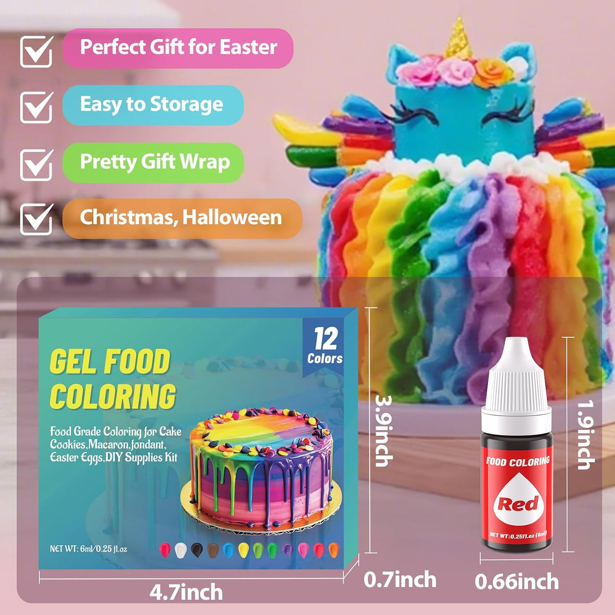 12 Color Gel Food Coloring Liquid Set, KATSPRO Food Grade Tasteless Vibrant Food Coloring Dye for Baking Icing Cake Decorating Cookie Fondant, Frosting, Cookies, Christmas Baking, Easter Egg and DIY Supplies Kit - 0.25 Fl.oz(6ml)/Bottles