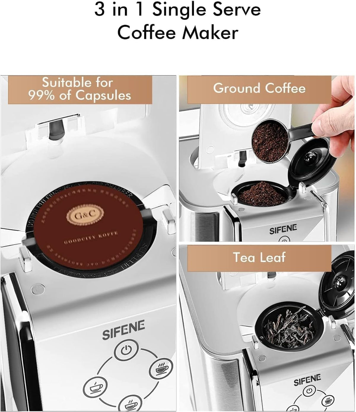 SIFENE 3-in-1 Single Serve Drip Coffee Machine, Compact K-Cup/K-Pod Compatible Brewer for Ground Coffee &amp; Tea, 50oz Removable Water Reservoir, Multiple Brew Sizes, Auto Shut-Off