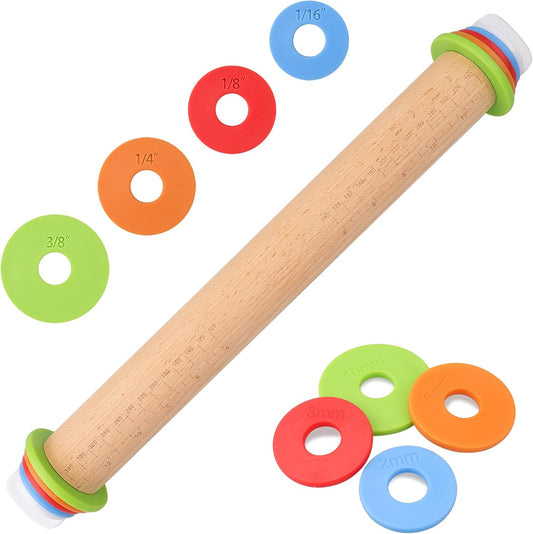 Adjustable Rolling Pin with Thickness Rings -17INCH Wood Dough Roller for Perfect Baking, Fondant & Cookies Ideal Rolling