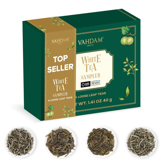 VAHDAM, Assorted White Tea Sampler Gift Set, Gluten Free, Non GMO - 4 Unblended White Loose Leaf Tea Sampler | Tea Variety Pack | Tea Gift Set, Gifts for Women &amp; Men