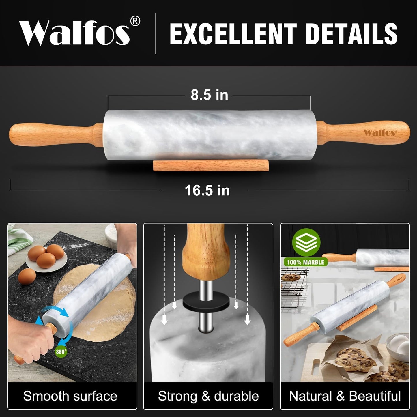 Walfos Marble Rolling Pin With Wooden Handles & Wood Cradle, 16.5 Inch Marble Rolling Pins For Making Pizza Dough And