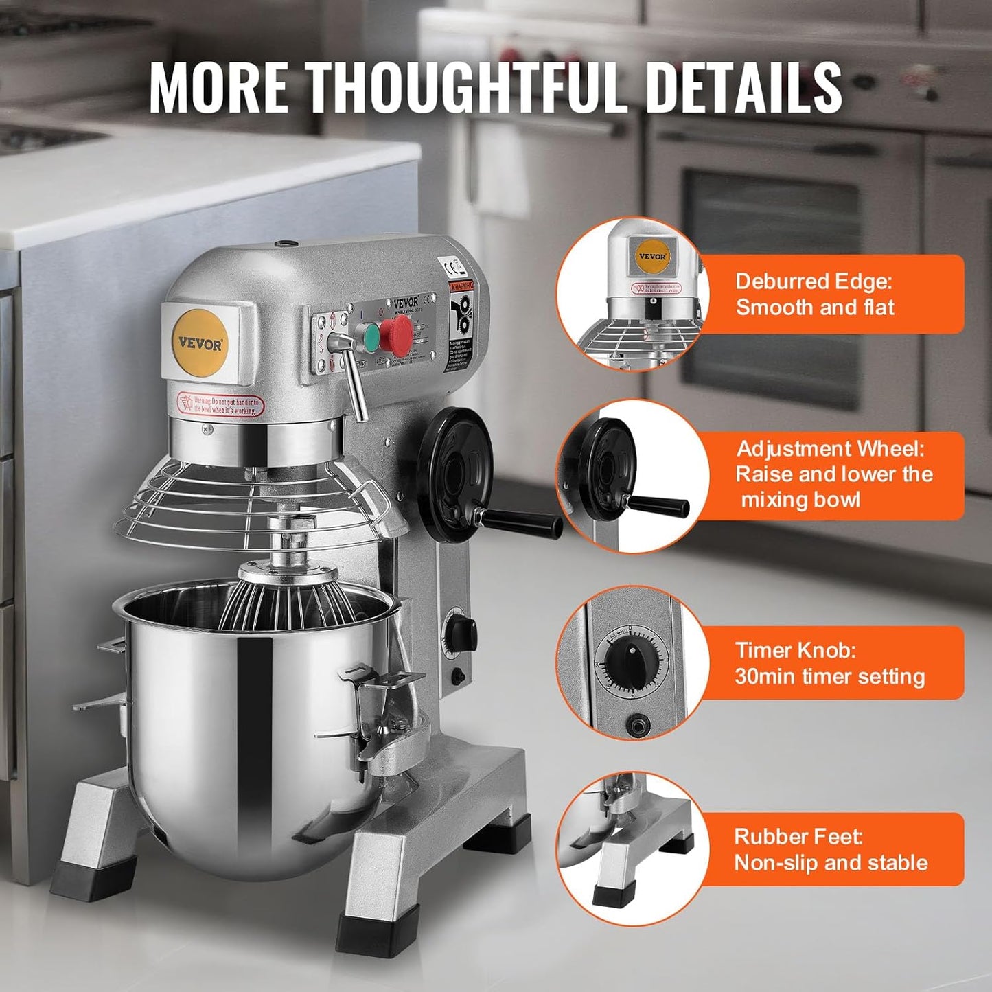 VEVOR Commercial Mixer 30Qt, Commercial Food Mixer Stainless Steel Bowl, 1100W Commercial Stand Mixer with 3 Speeds Adjustable, Dough Hook Whisk Beater Included, Perfect for Bakery Pizzeria, Silver