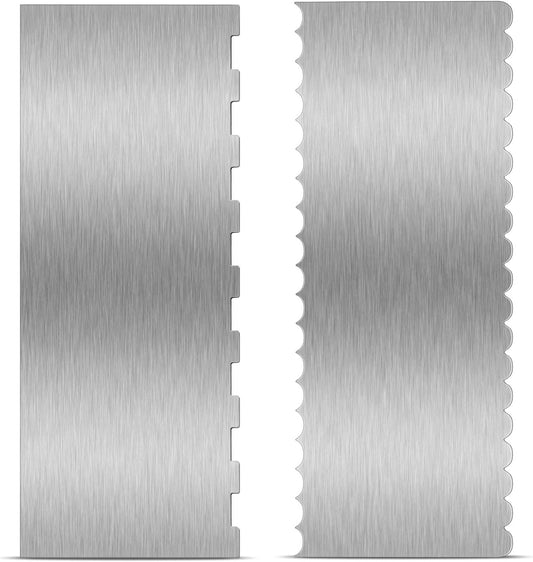 2 Pcs 9 in Double Sided Comb Stainless Steel Cake Scraper Smoother | Double Sided Patterned stripe edge and smooth edge, for cream decorating, metal comb scraper