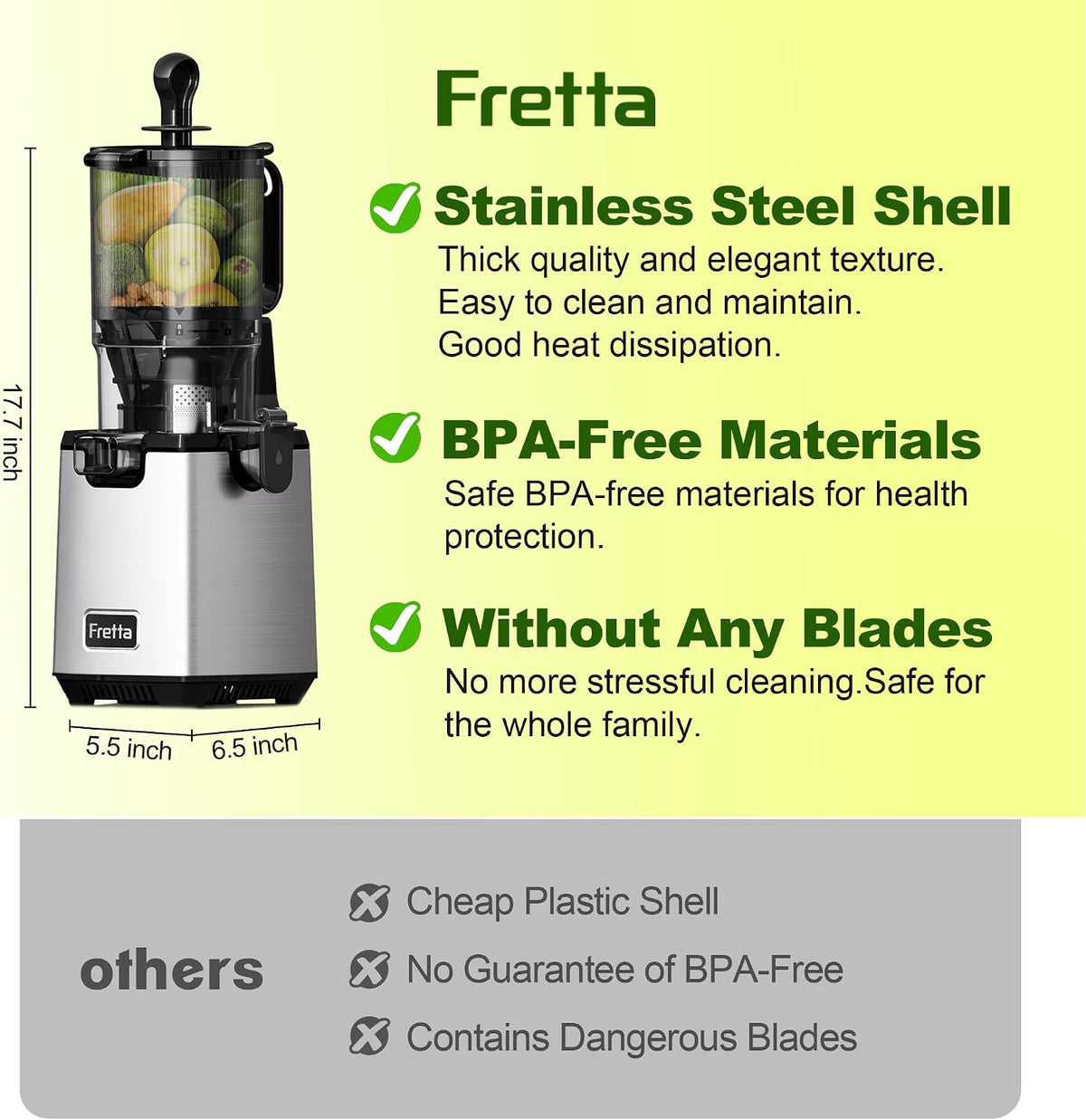 Juicer Machine,5.3" Wide Chute Cold Press Juicer,PCTG BPA-Free, 54oz Large Capacity,Stainless Steel Slow Masticating Juicer for Whole Fruits & Vegetables, Easy to Clean,High Juice Yield,Gray