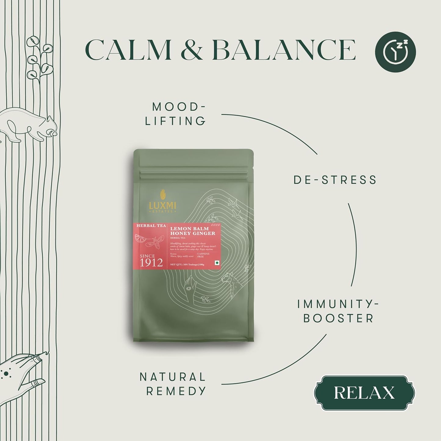 Luxmi Estates Lemon Balm Honey Ginger Herbal Tea | 50 Pyramid Tea Bags (100g, 3.5oz), Caffeine-Free Calming Blend with Lemon Balm, Ginger, Lemongrass, Lemon Peel, &amp; Natural Honey Flavor, Vegan