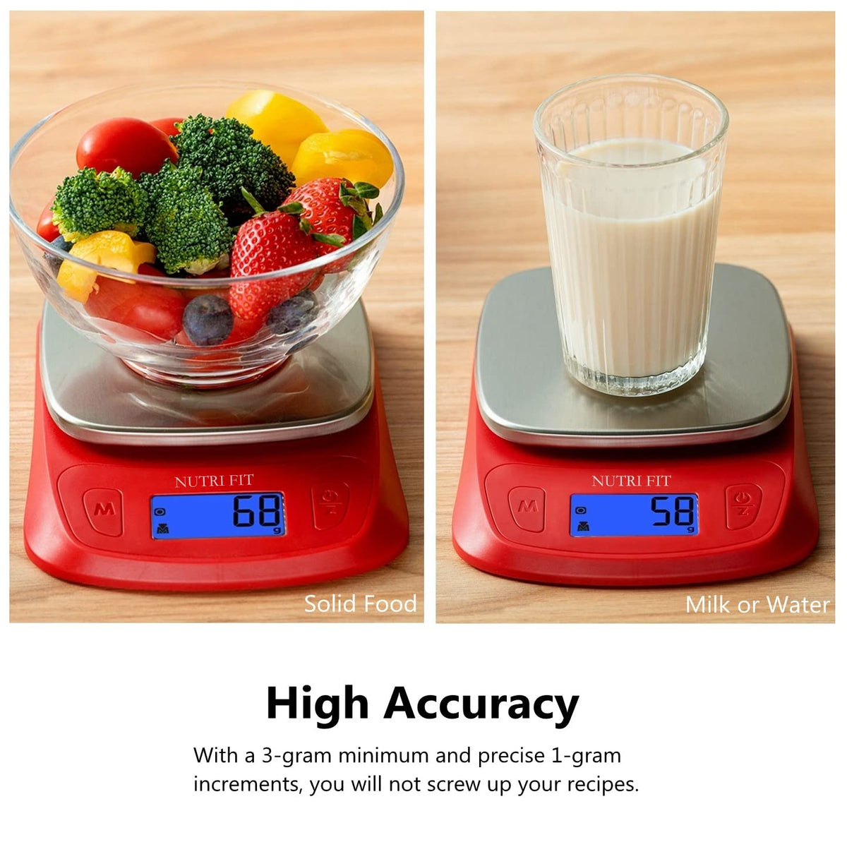 Ultra Slim Food Scale Digital Kitchen Scales Weight Grams Oz Red | Stainless Steel Panel, 1g Increment, Max 11lbs, Backlit Screen, High Precision, Coffee Making, Meal Prep, Include Batteries