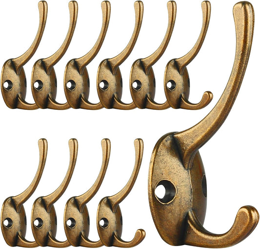 IBosins 12 Pack Antique Brass Double Coat Hooks Wall Mounted with 24 Screws