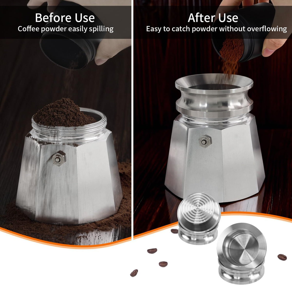 4-6-Cup Moka Pot Tamper, 304 SS Dosing Funnel &amp; Distributor, Silver | Suitable for Moka pots with a diameter of 2.76-2.83 Inches