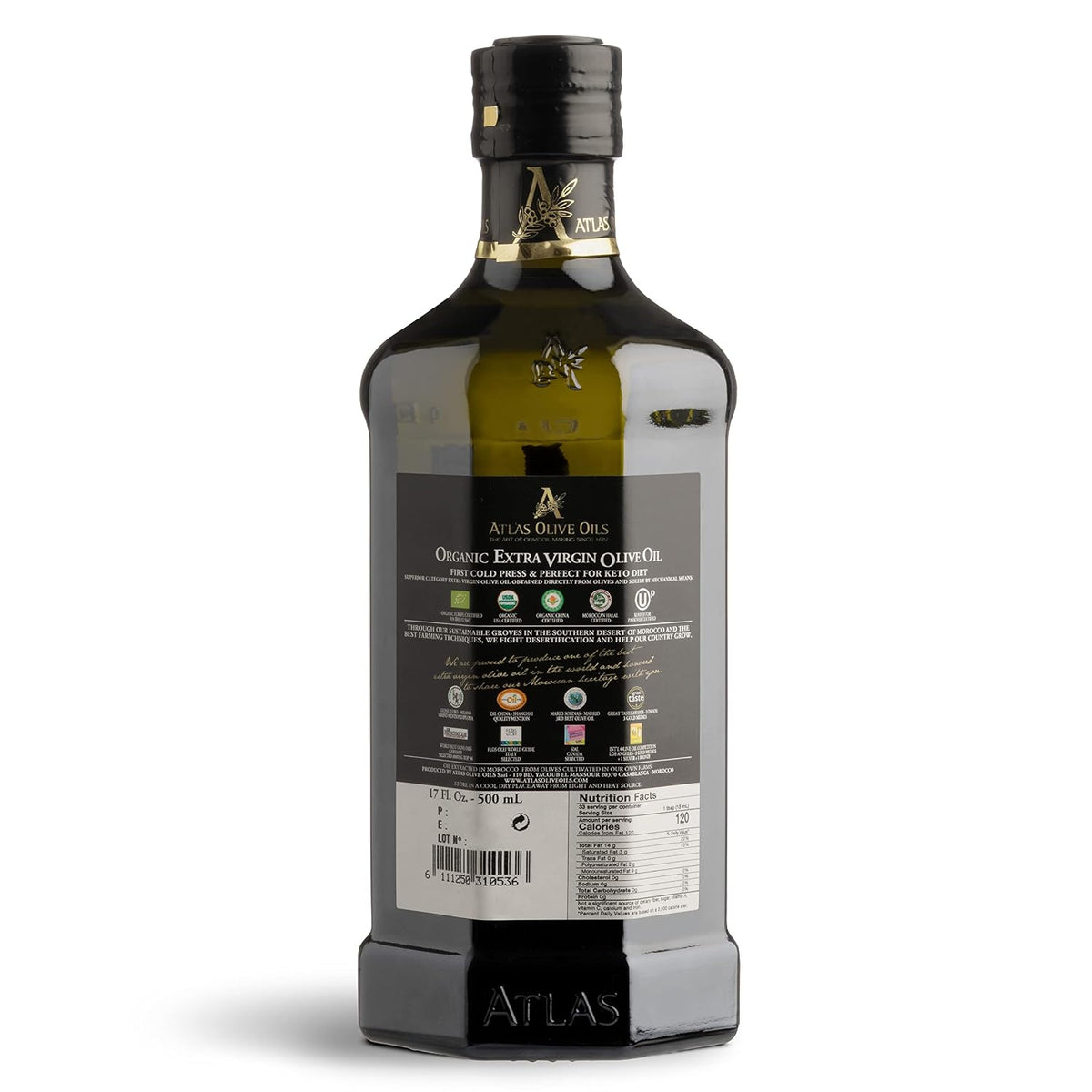Atlas Organic Extra Virgin Olive Oil, Moroccan, High Polyphenol, 500 mL | Cold Pressed EVOO With High Smoke Point, Trusted By Award-Winning Chefs, One Family Farm, Polyphenol-Rich &amp; Smooth Finish