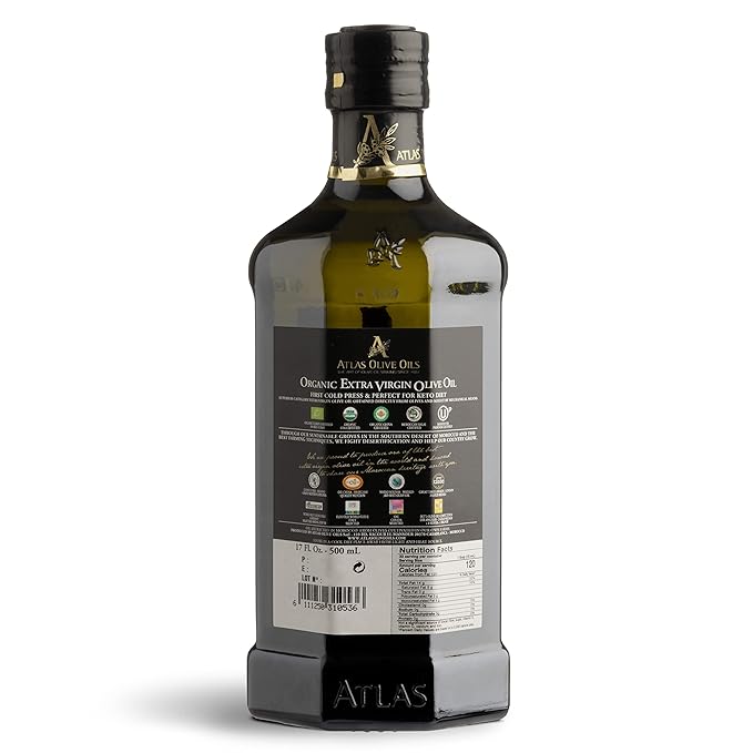 Atlas Organic Cold Pressed Moroccan Extra Virgin Olive Oil, Polyphenol Rich | EVOO From Morocco, Newly Harvested Unprocessed from One Single Family Farm | Trusted by Award-Winning Chefs | 500 mL