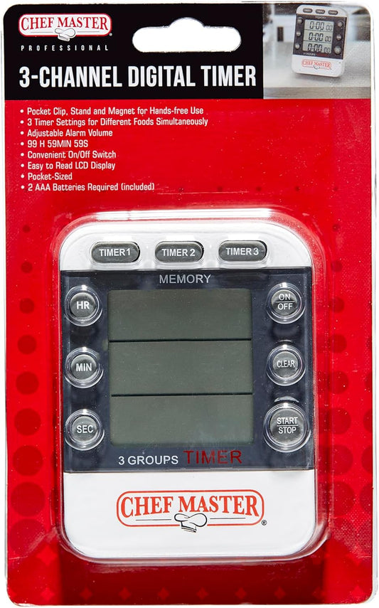 3-Channel Digital Timer by Chef Master, Triple Channel Count Up/Down Kitchen Digital Timer for Cooking, Roasting, Grilling,