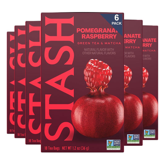 Stash Tea Pomegranate Raspberry &amp; Matcha Green Tea - Caffeinated, Non-GMO Project Verified Premium Tea with No Artificial Ingredients, 18 Count (Pack of 6) - 108 Bags Total