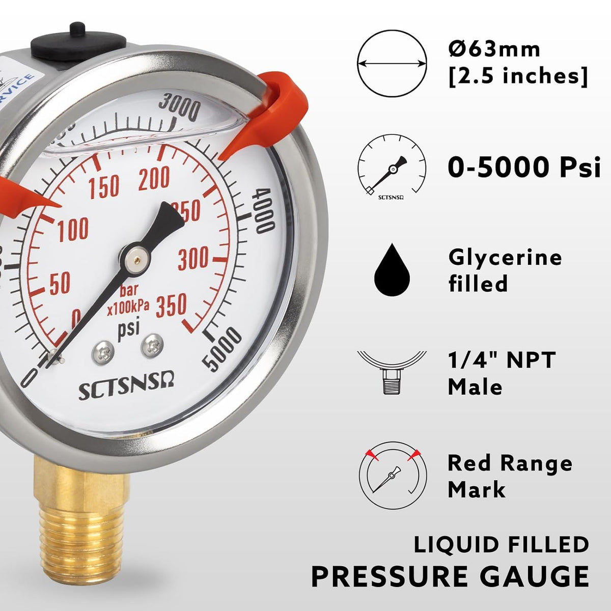 0 to 5000 Psi Hydraulic Pressure Gauge, Liquid Filled, 1/4" NPT