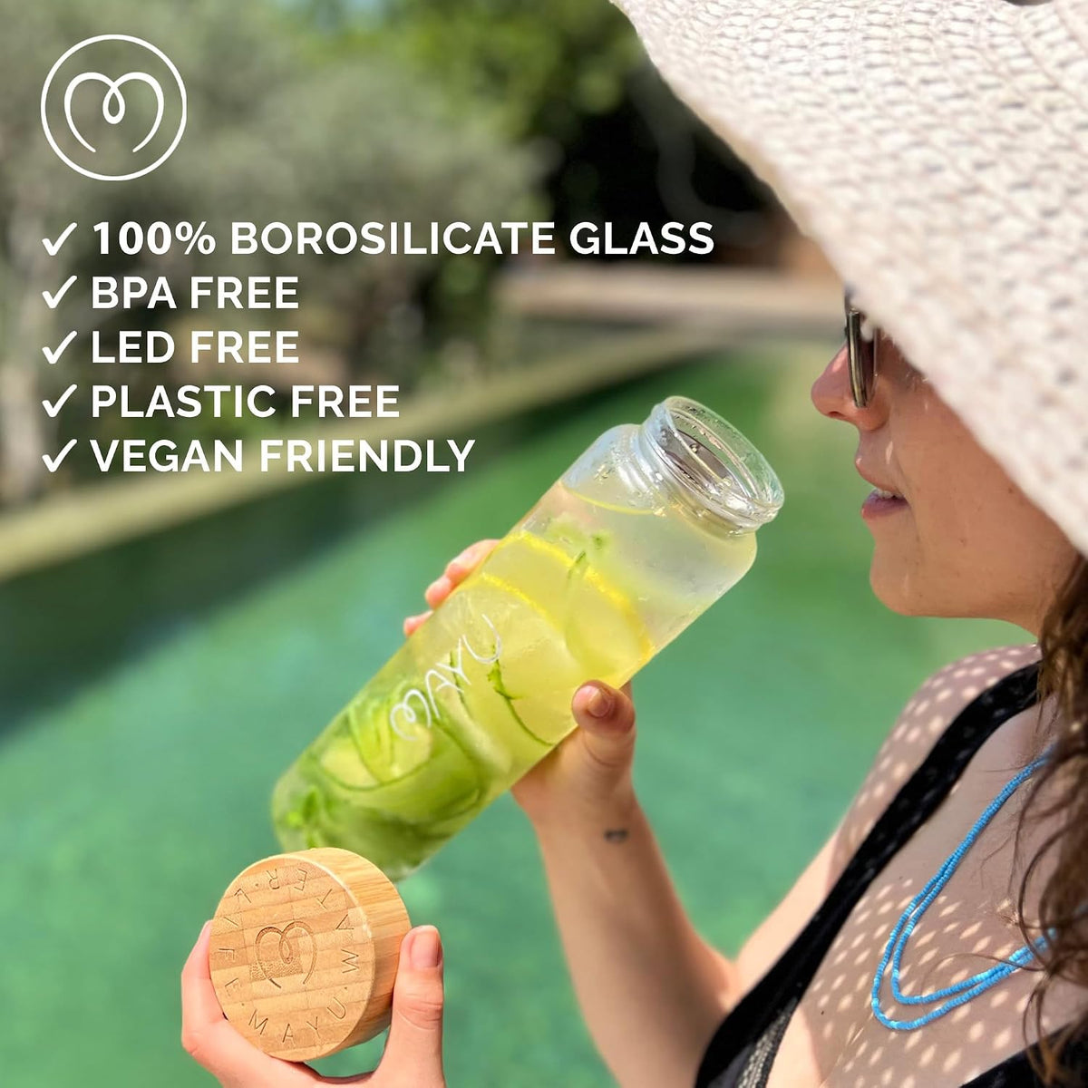 mayu, Pure Glass Reusable Water Bottle w/Bamboo Lid (1 Liter), 100% Grade-A Borosilicate Glass, Modern Minimalist Design, Leak Proof, Eco Friendly, Great for Outdoor &amp; Everyday Use, Dishwasher Safe