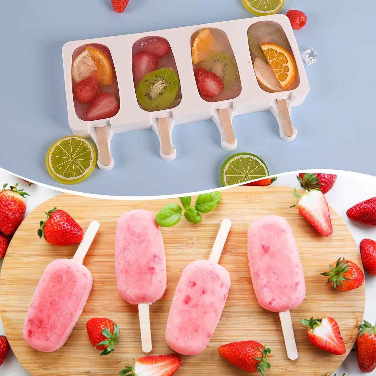 Popsicle Silicone Mold with 50 Pcs Wooden Sticks | Food Grade Silicone, Easy to Use, Oval Homemade Ice Cream Molds for Ice Pop, Cakesicles, Cake Pop