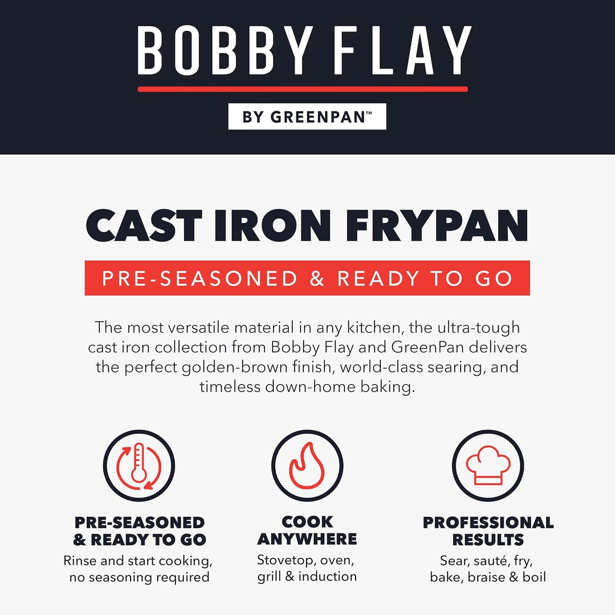 GreenPan x Bobby Flay 2 Piece Set (Includes 8”, 10”) Cast Iron Skillet, Pre-Seasoned PFAS-Free Frying Pan, Pour Spouts, Induction Compatible, Oven, Grill, Indoor/Outdoor, Durable, Black