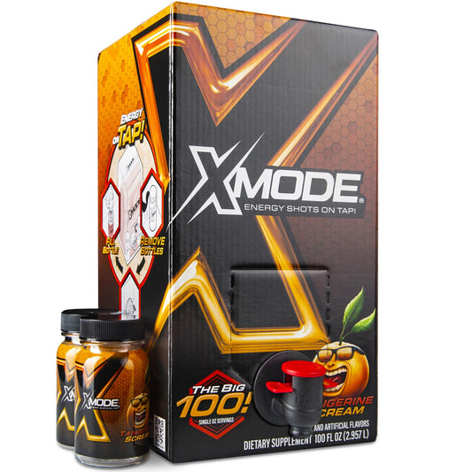 XMODE Energy Shots on Tap (Tangerine Scream Flavor) – 100 Serving Dispenser with Refillable Bottles for On-Demand Energy at