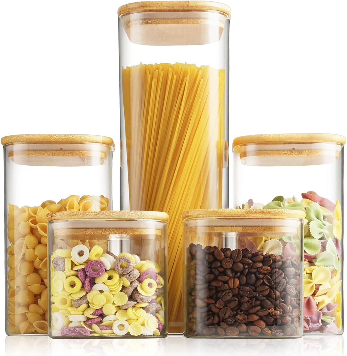 5 Set Glass Jars with Bamboo Lids, Square Food Storage Containers, Glass Pantry Storage Containers with Lids for Pasta, Cereal, Flour, Sugar