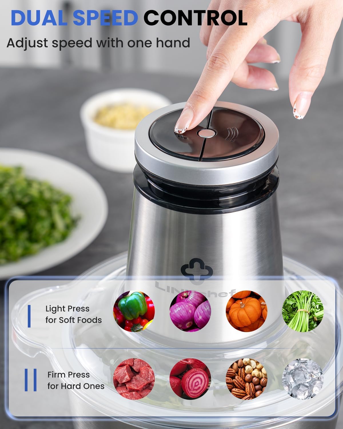 LINKChef Food Chopper, 8 Cup Food Processor Mini Electric, 2L 600W Meat Grinder with 4 Bi-Level Blades, Stainless Steel Mincer for Kitchen, Vegetable, Onion, Garlic, Salad, Baby Food, Fruit, Nuts