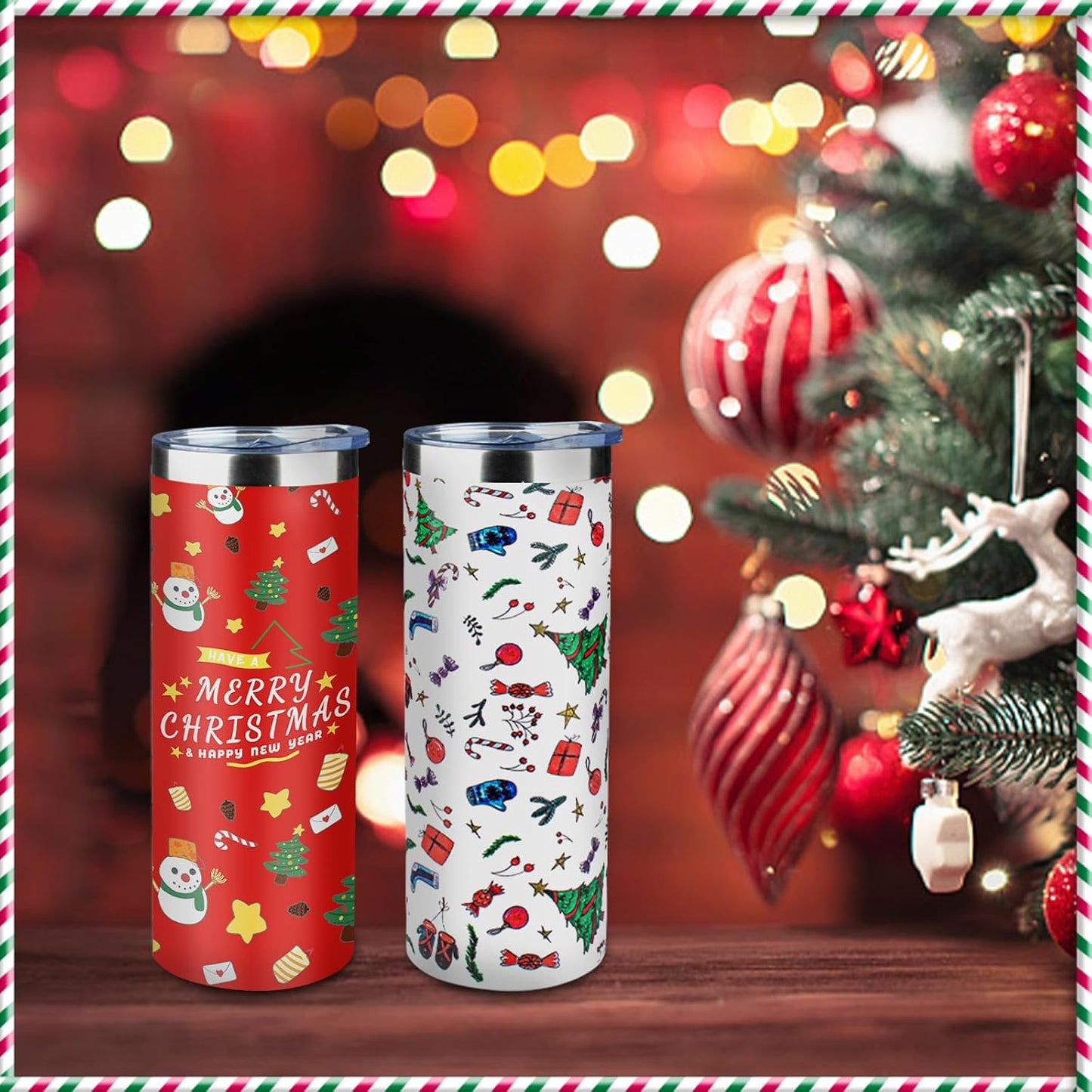 20oz Christmas Skinny Tumbler with Lid and Straw,Stainless Steel Vacuum Insulated Tumbler Cup Double Wall Travel Coffee Mug Christmas Gifts for Women Men(Xmas Elements,2)
