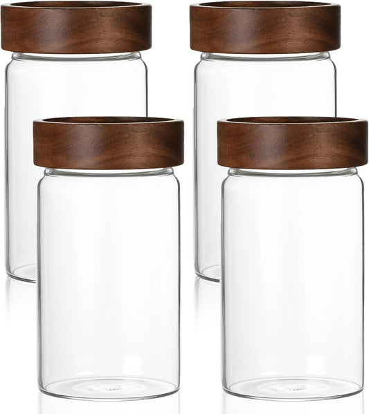 26 oz/850 ml Clear Glass Storage Canister with Airtight Wooden Lid, 4 Pack Small Overnight Oats Containers, Cute Decorative