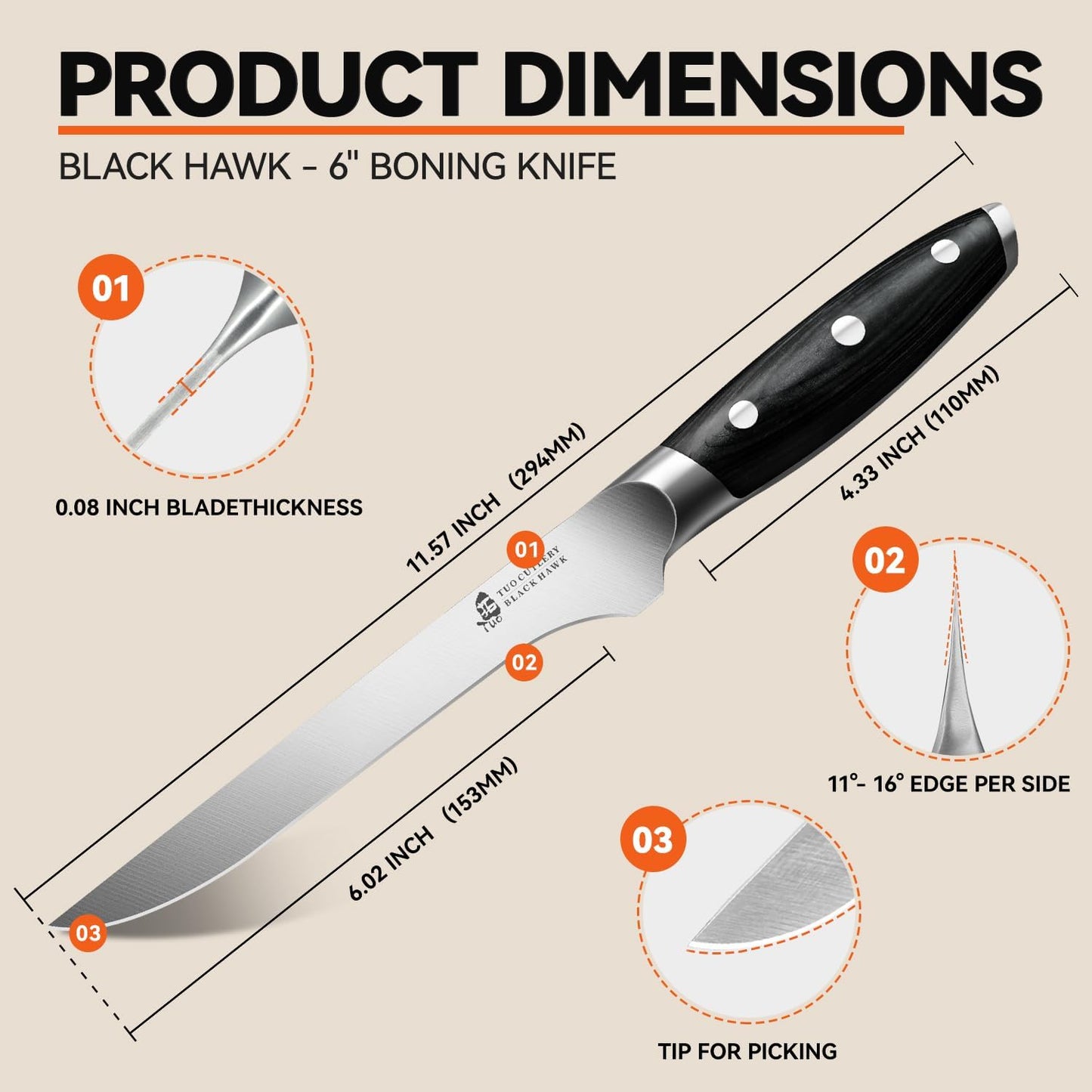 TUO Boning Knife, 6 inch Fillet Knife for Trimming Fat from Meat, Deer Skinning, Full Tang Handle, High Carbon German Steel, for Poultry Lamb Meat Cutting - Black Hawk Series