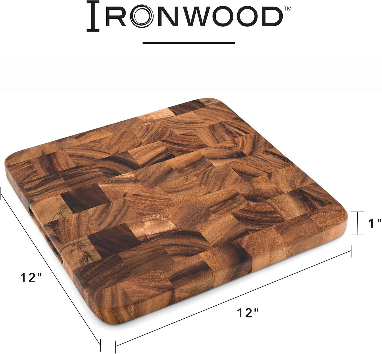 Ironwood Oslo End Grain Square Utility Cutting Board, 12 Inch Square Acacia Wood Cutting Board | Dice, Prep &amp; Serve | Great for Meat &amp; Veggies | Beautiful Acacia Wood | Knife Friendly End Grain Board | Charcuterie Board