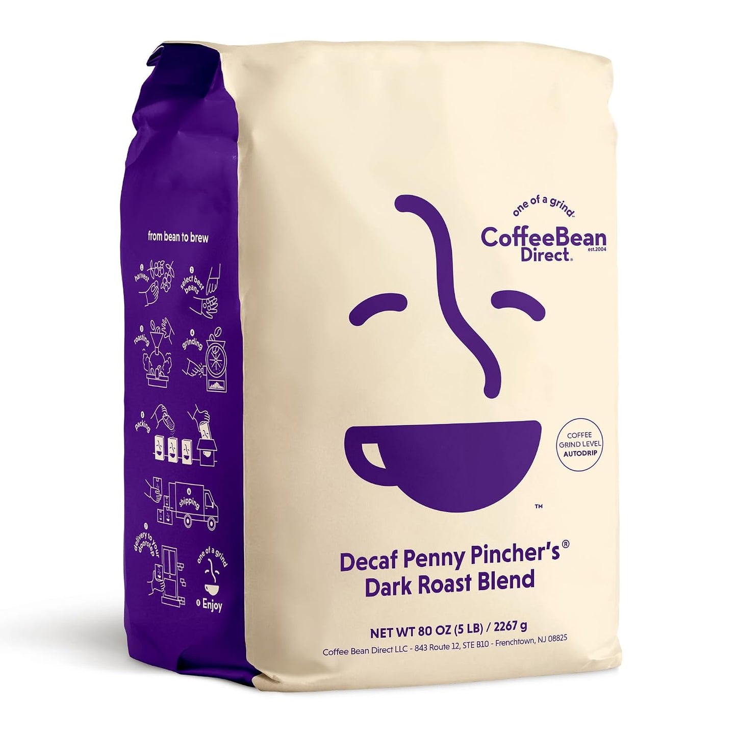 Coffee Bean Direct Decaf Penny Pincher's® Dark Roast, Ground, 5lb Bag | Everyday Value, Ground for Drip or Pour Over, Decaffeinated