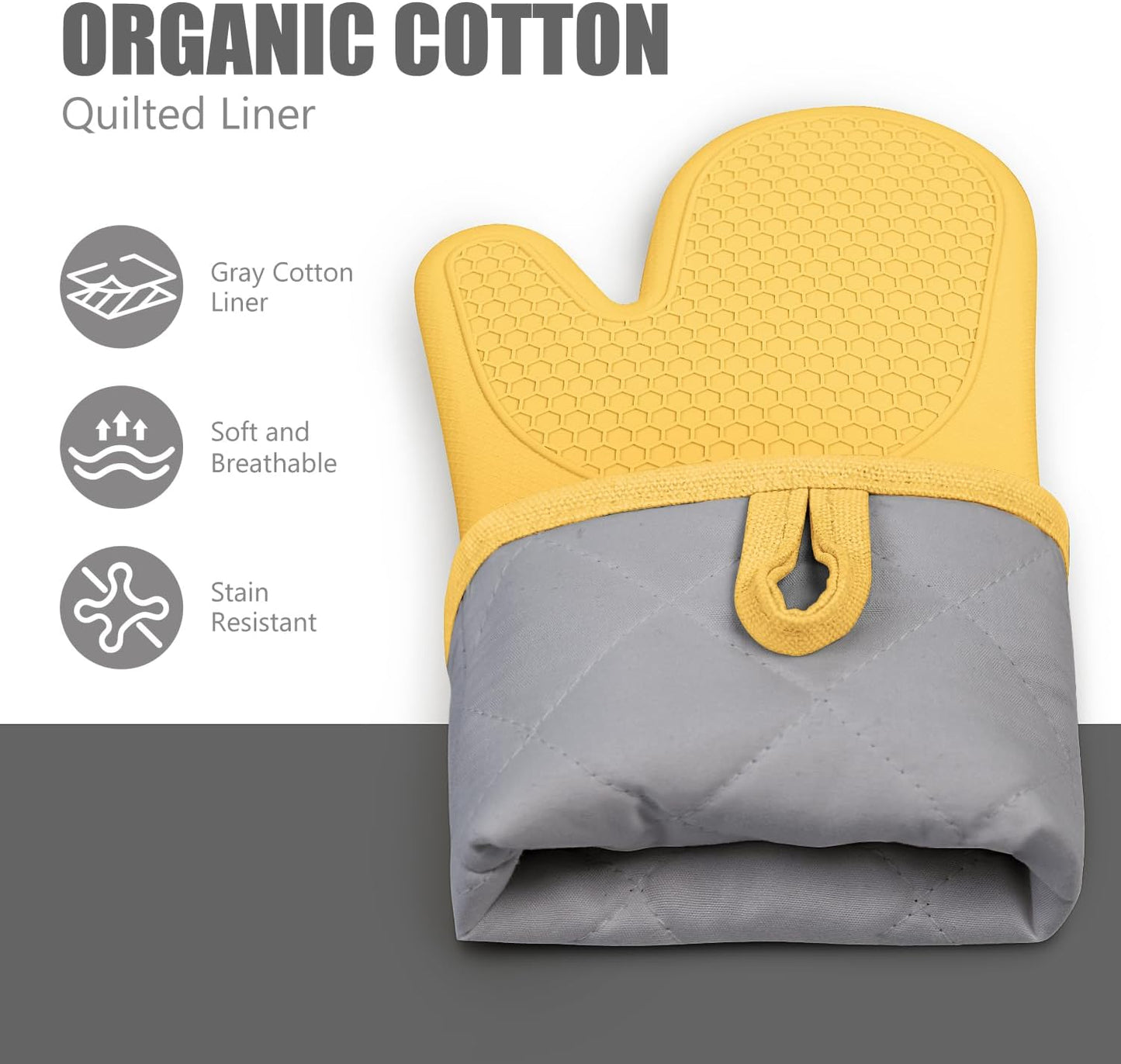 RORECAY Silicone Oven Mitts and Pot Holders Sets, Kitchen Gloves, Yellow | Set of 6 Kitchen Mitts for Baking &amp; Cooking, Heat Resistant 500 ℉, 12.7" Extra Long, Non-Slip &amp; Waterproof, Quilted Cotton