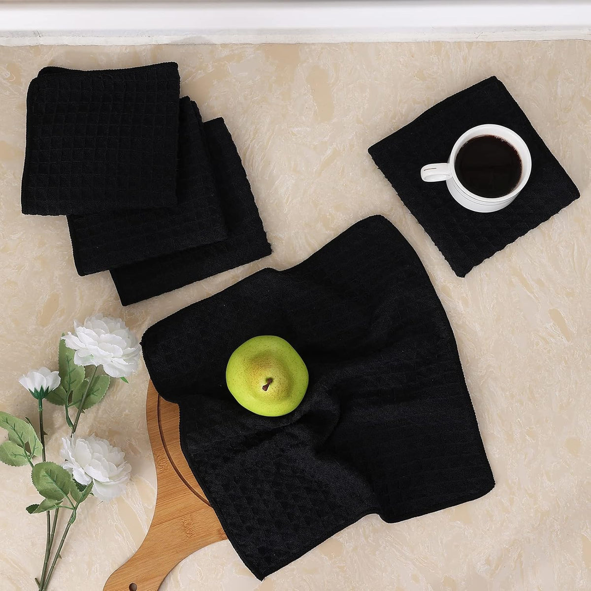 Homaxy Microfiber Waffle Weave Kitchen Dish Cloths, 12 x 12 Inch Ultra Absorbent and Solid Color Dish Towels for Kitchen Fast Drying Dishcloth for Washing Dishes, 6 Pack, Black