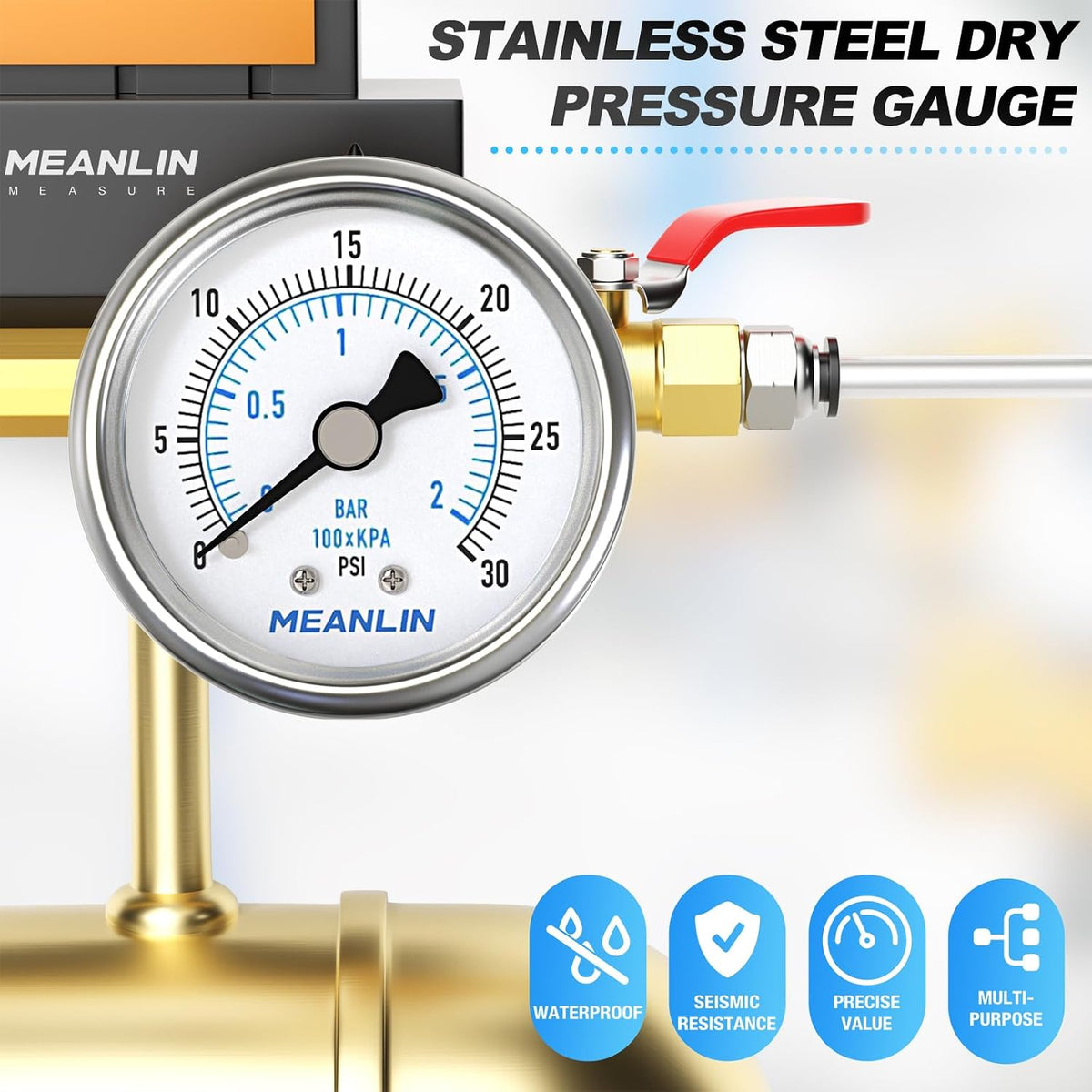 MEANLIN MEASURE 0~30Psi Dry Low Pressure Gauge Stainless Steel 1/4" NPT 2" FACE DIAL Waterproof for Pool Sand Filter Water Oil Air Pressure Test Back Mount, with 1/2" NPT and 3/8" NPT Hex Bushing