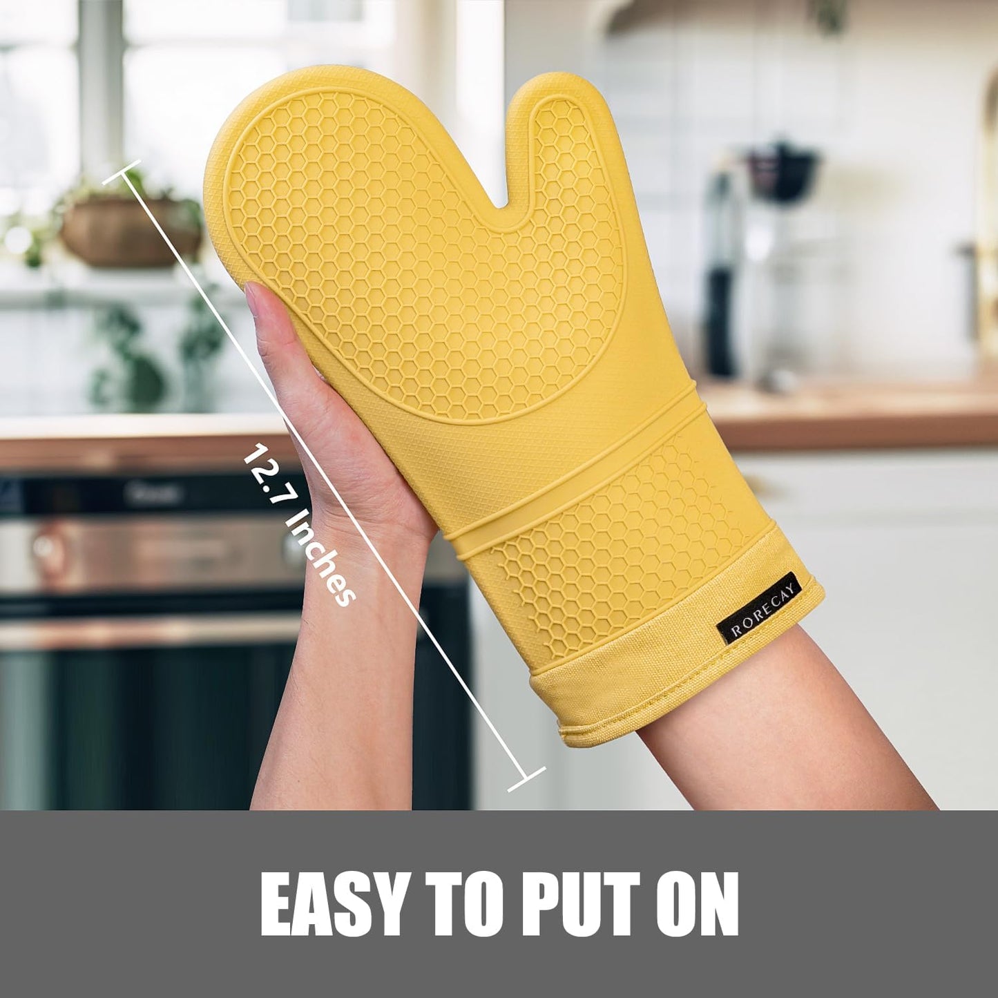 RORECAY Silicone Oven Mitts and Pot Holders Sets, Kitchen Gloves, Yellow | Set of 6 Kitchen Mitts for Baking &amp; Cooking, Heat Resistant 500 ℉, 12.7" Extra Long, Non-Slip &amp; Waterproof, Quilted Cotton
