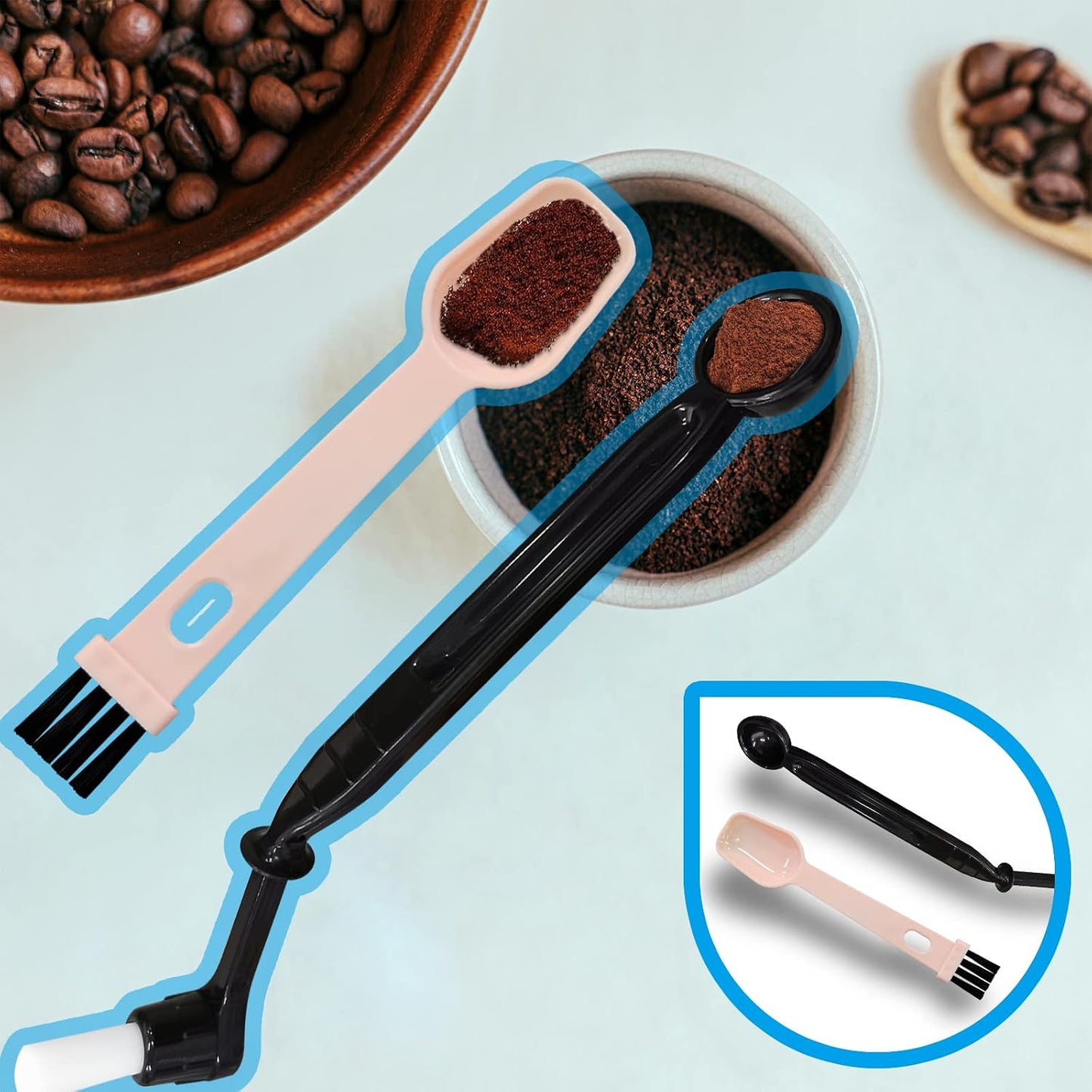 7 Pcs Coffee Machine Cleaning Brush, Espresso Machine Brush with Detachable Head, Wooden Plastic Brush with Bristles for Grinder, Plastic Spoon with Brush &amp; 2Pcs Espresso Steam Wand Brushes
