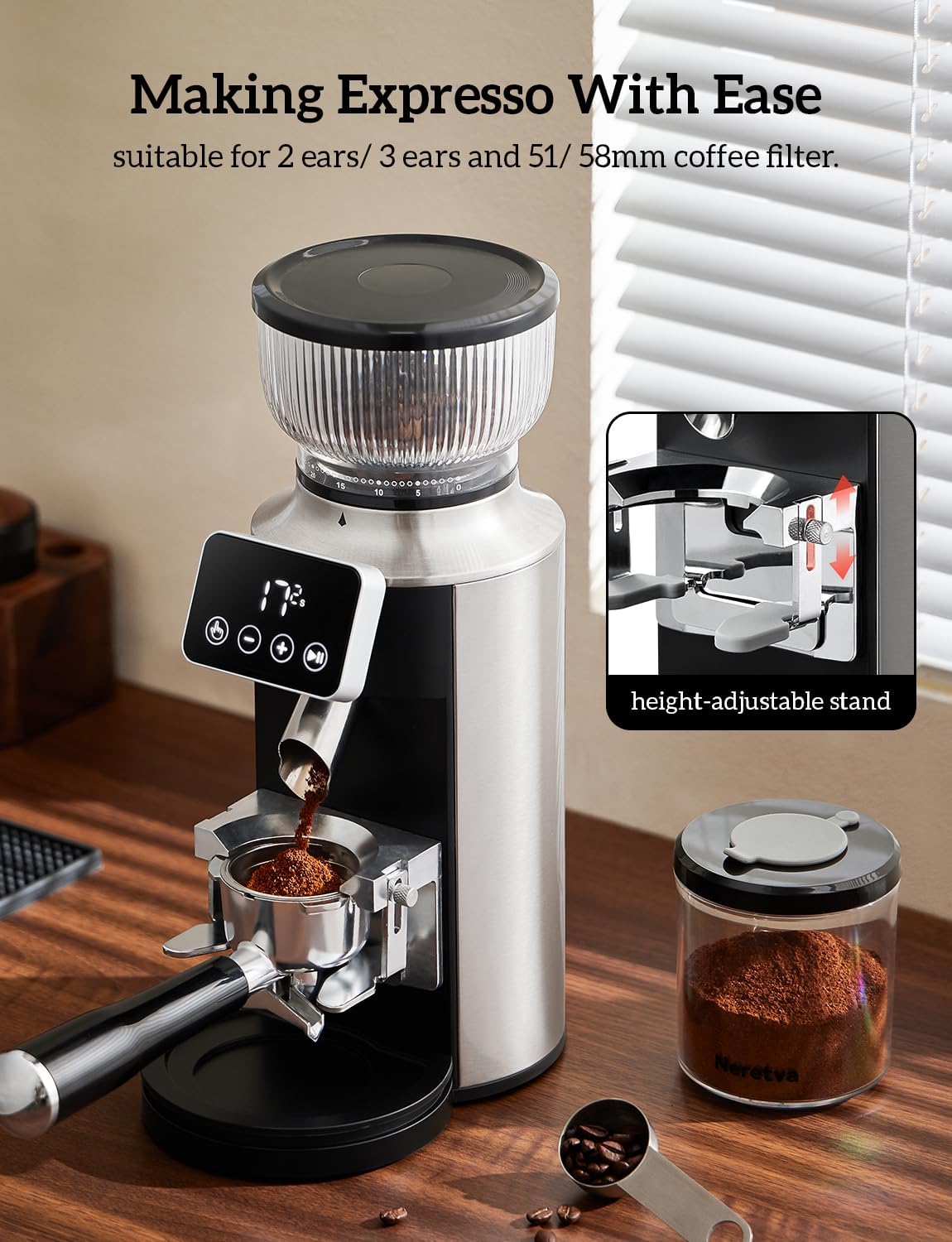 Neretva Stainless Steel Espresso Grinder with Portafilter Holder, Silver | 2 IN 1 Use Espresso Burr Grinder with 30 Grind Settings Anti-Static Coffee Grinder for Espresso/French Press/Drip/Siphon