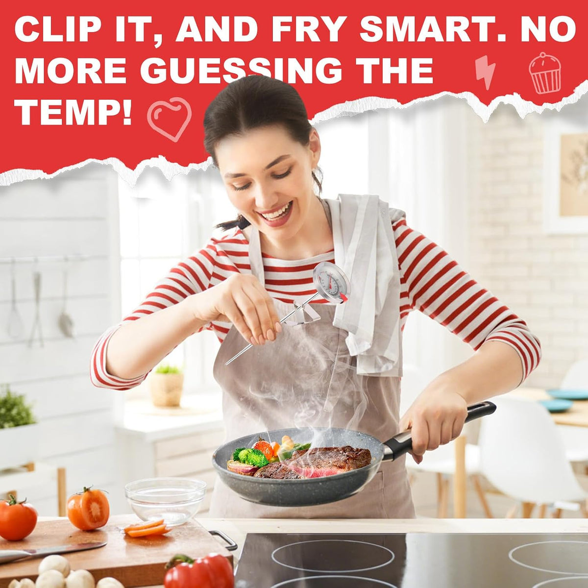 Candy Thermometer Waterproof IP67 - Oil Thermometer for Frying with Clips - 9" Side of Pot Thermometer Deep Fry for Oil Candy Candle BBQ - Silver