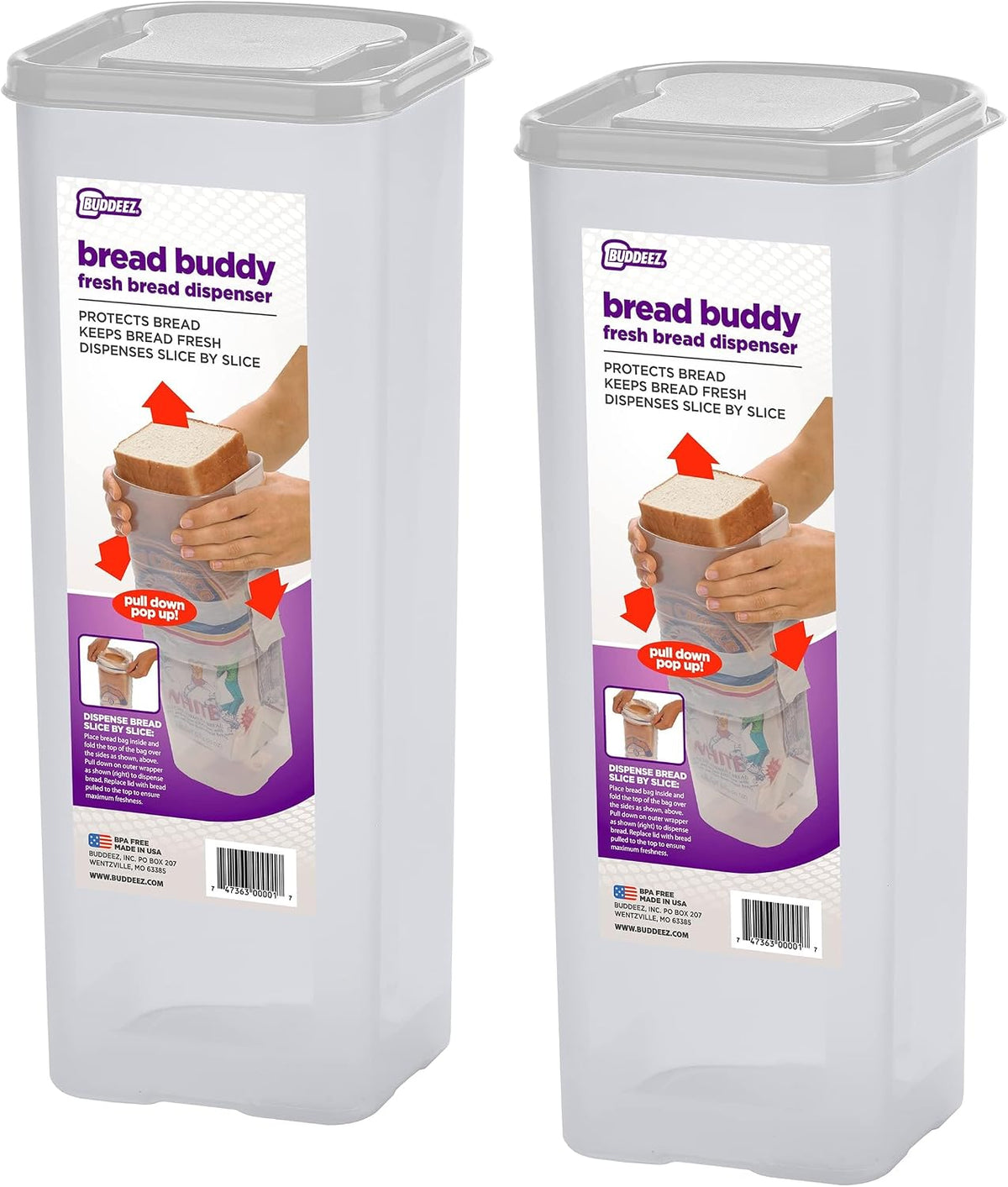 Buddeez Bread Buddy Airtight Bread Storage Container- Slice by Slice Dispensing Design - Perfect Pantry Organizer - White Lid Pack of 2