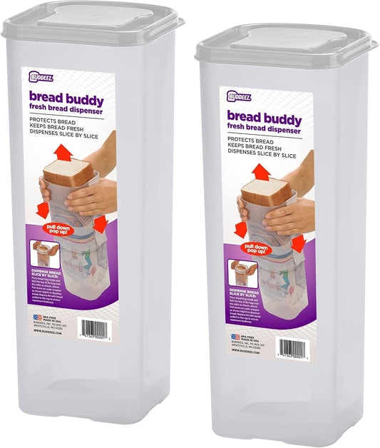 Buddeez Bread Buddy Airtight Bread Storage Container- Slice by Slice Dispensing Design - Perfect Pantry Organizer - White Lid Pack of 2