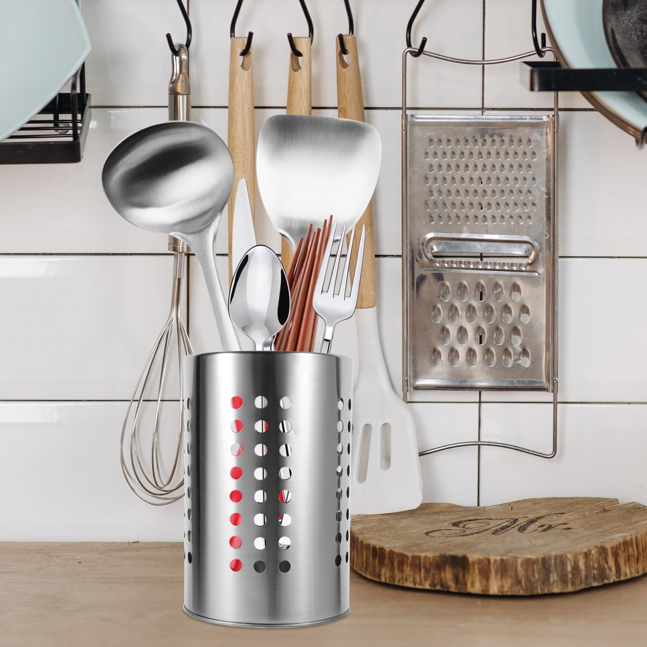 ULTECHNOVO Stainless Steel Cutlery Holder Self-Draining Kitchen Utensil Holder for Chopsticks Spoons and Forks 7.00 X 4.72 X 4.72 in Countertop Drying Rack with Drain Holes