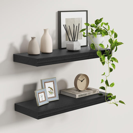 Black Floating Shelves 24 Inch Long, 9.3 Inch Deep Floating Shelves for Wall, Rustic Solid Wood Shelves, Deep Wall Shelves for Living Room, Bedroom, Kitchen, 24"W x 9.3"D x 1.6"H, Set of 2