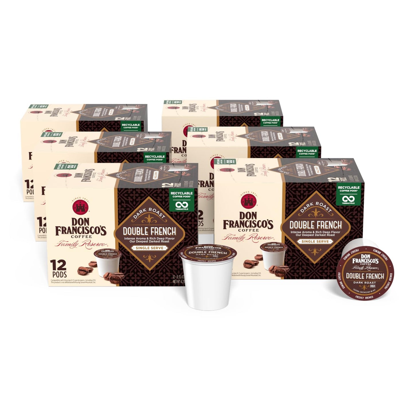 Don Francisco's Double French Roast Coffee Pods, 72 Count, Dark Roast, Compatible with Keurig Brewers