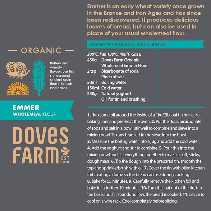 Doves Farm Organic Emmer Wholemeal Flour | for Bread & Cake Baking | High in Fiber & Protein | Traditional British Stoneground Flour | Kosher & Vegan | Whole Wheat Flour | 35.27 Oz (1kg)