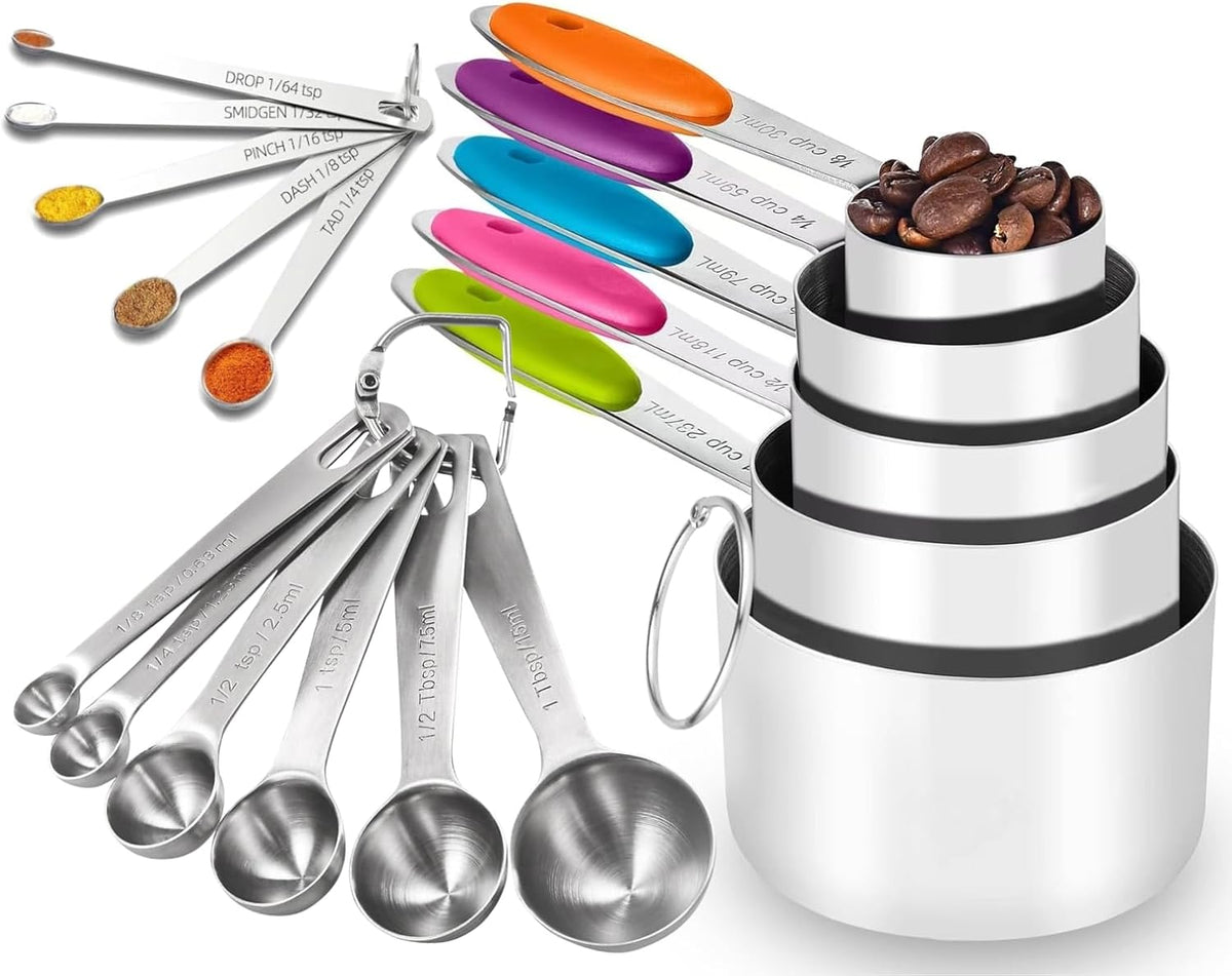 16PCS Stainless Steel Measuring Cups &amp; Spoons Set, Nesting Cups with Silicone Handles, 5 Metal Measuring Cups, 6 Round Spoons and 5 Mini Spoons for Cooking &amp; Baking