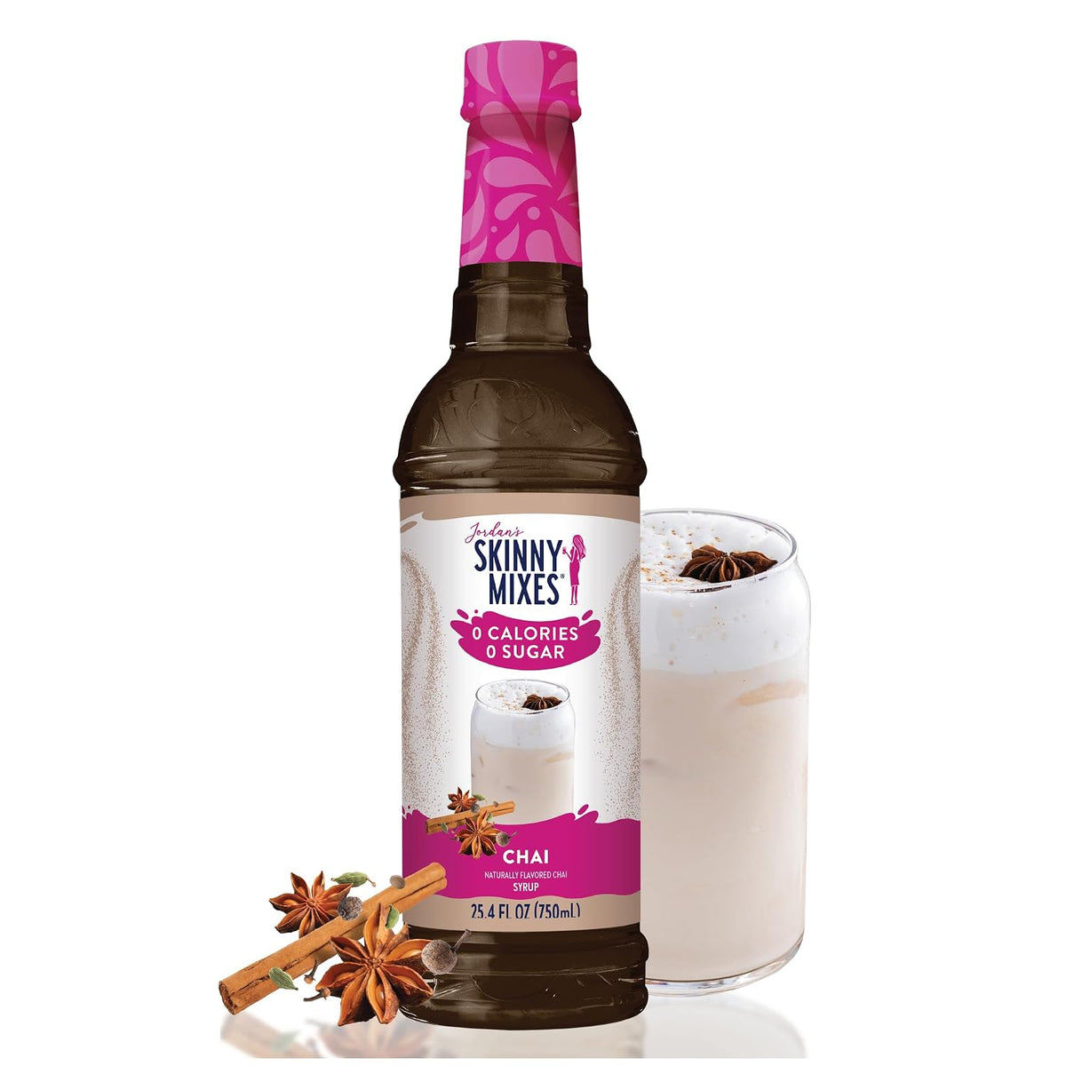 Jordan's Skinny Chai Coffee Flavoring Syrup, 25.4 fl oz | 0g sugar, 0 calories, 0g carbs, Keto-friendly and kosher, 25 servings per bottle, Mixes into lattes, shakes, and cocktails