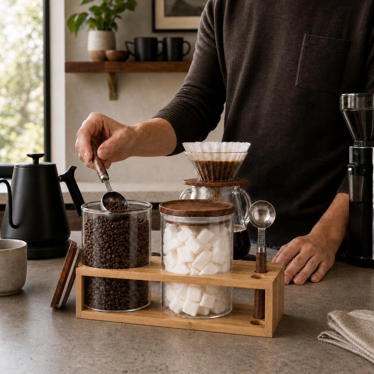 KKC HOME ACCENTS 2 Glass Coffee Canister Set with Bamboo Rack &amp; Scoops-25oz | A complete coffee bar organization set featuring 2 glass jars, airtight lids, wooden-handle scoops, and a bamboo stand.